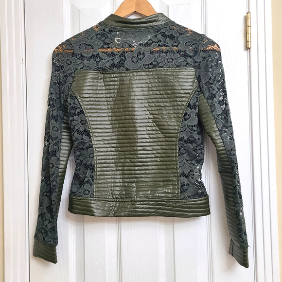 Ozel Green Lace Floral Moto Jacket Faux Leather Moto Jacket Fairy Coquette XS - Picture 3 of 10